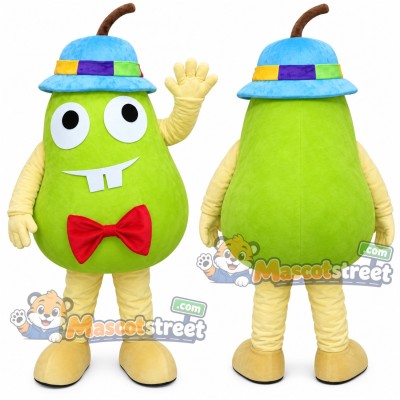 Pear Mascot Costume with Blue Hat and Red Bow Tie Pear Mascot Costume with Blue Hat and Red Bow Tie