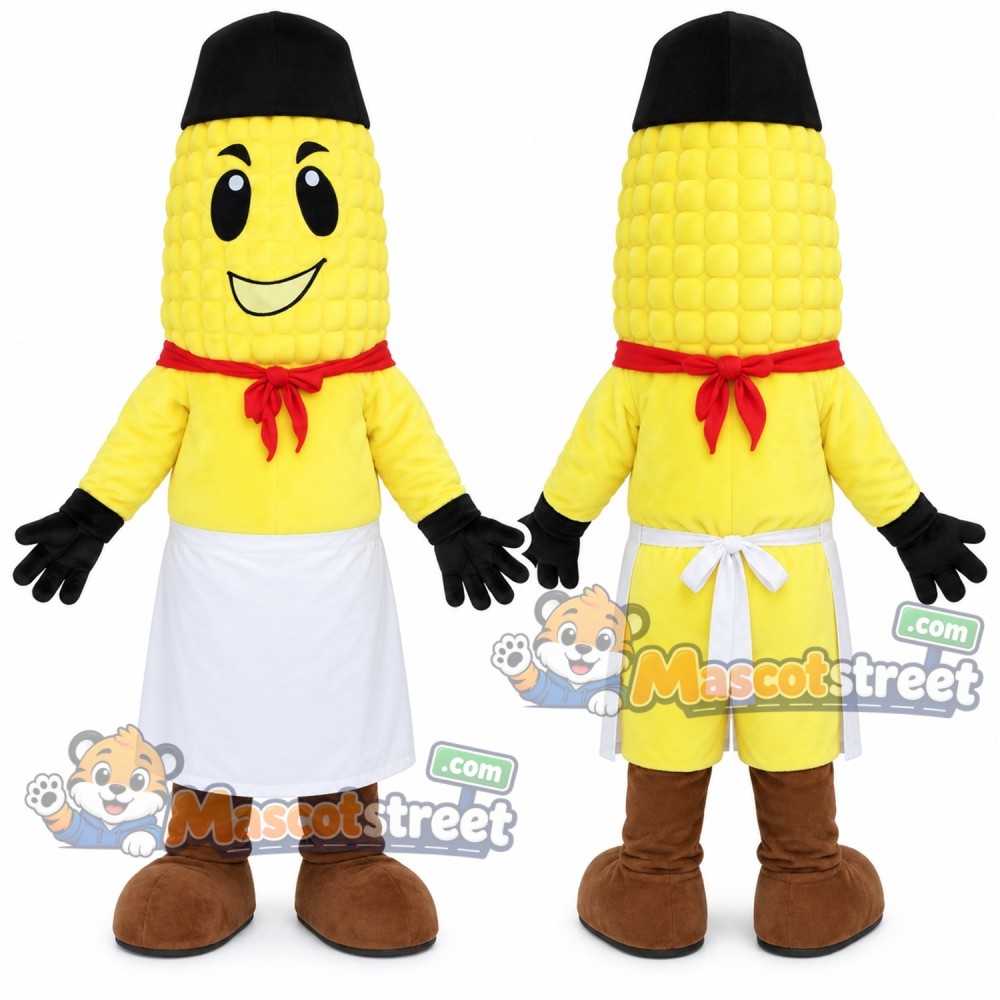 Corn Mascot Costume with White Apron, Red Scarf and Black Cap Corn Mascot Costume with White Apron, Red Scarf and Black Cap