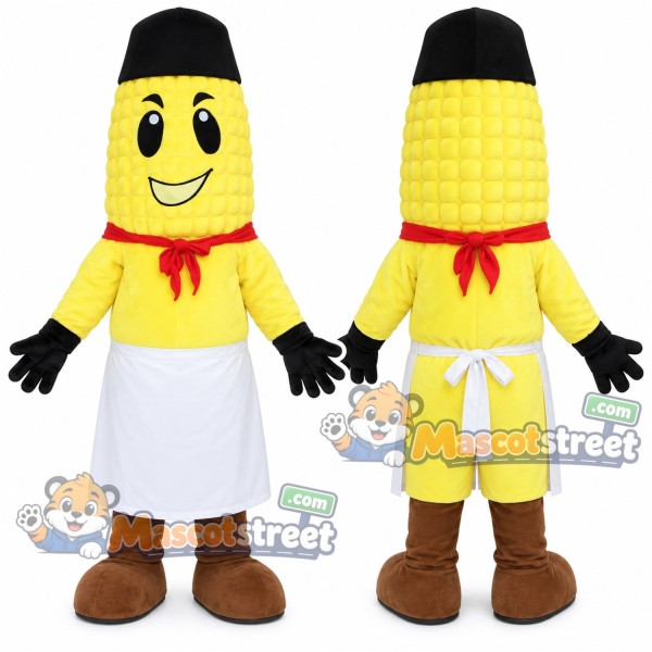 Corn Mascot Costume with White Apron, Red Scarf and Black Cap