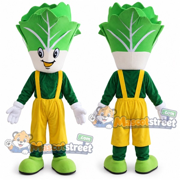 Cabbage Mascot Costume with Green Shirt and Yellow Overalls