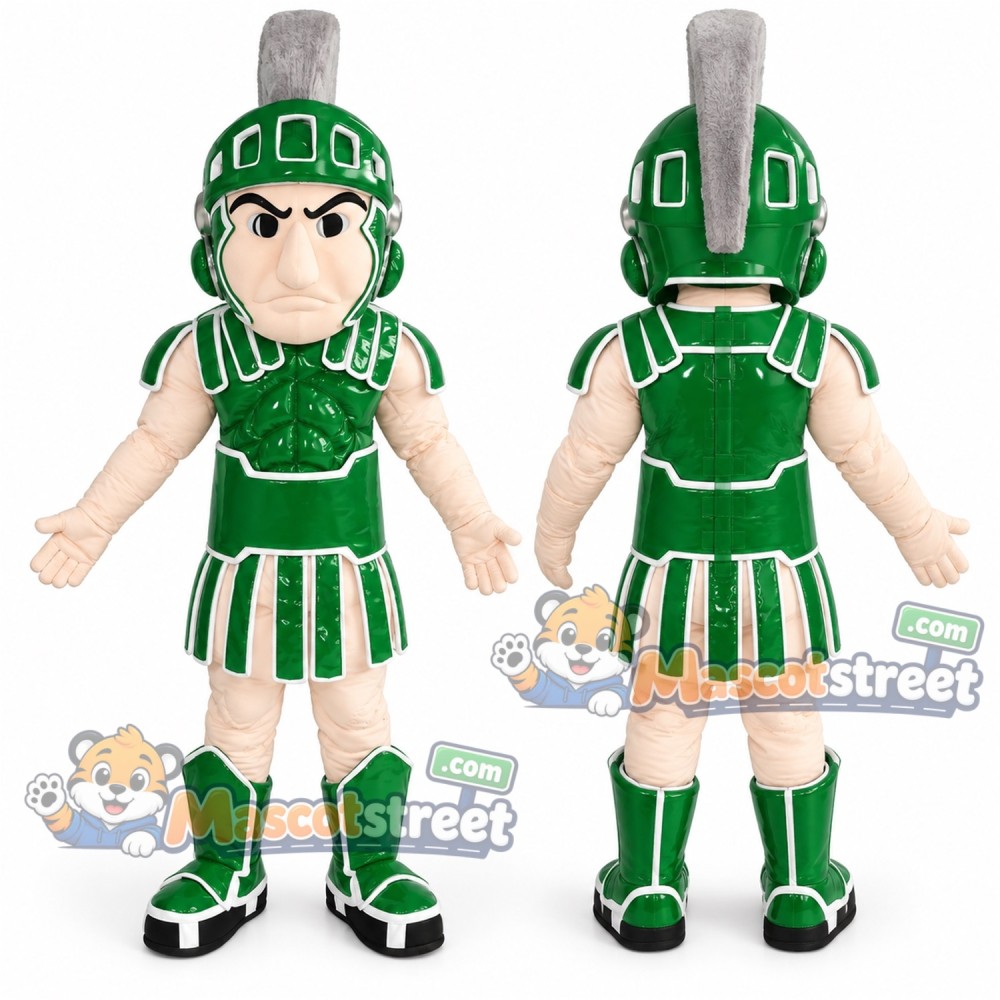 Warrior Mascot Costume with Green Armor and Helmet