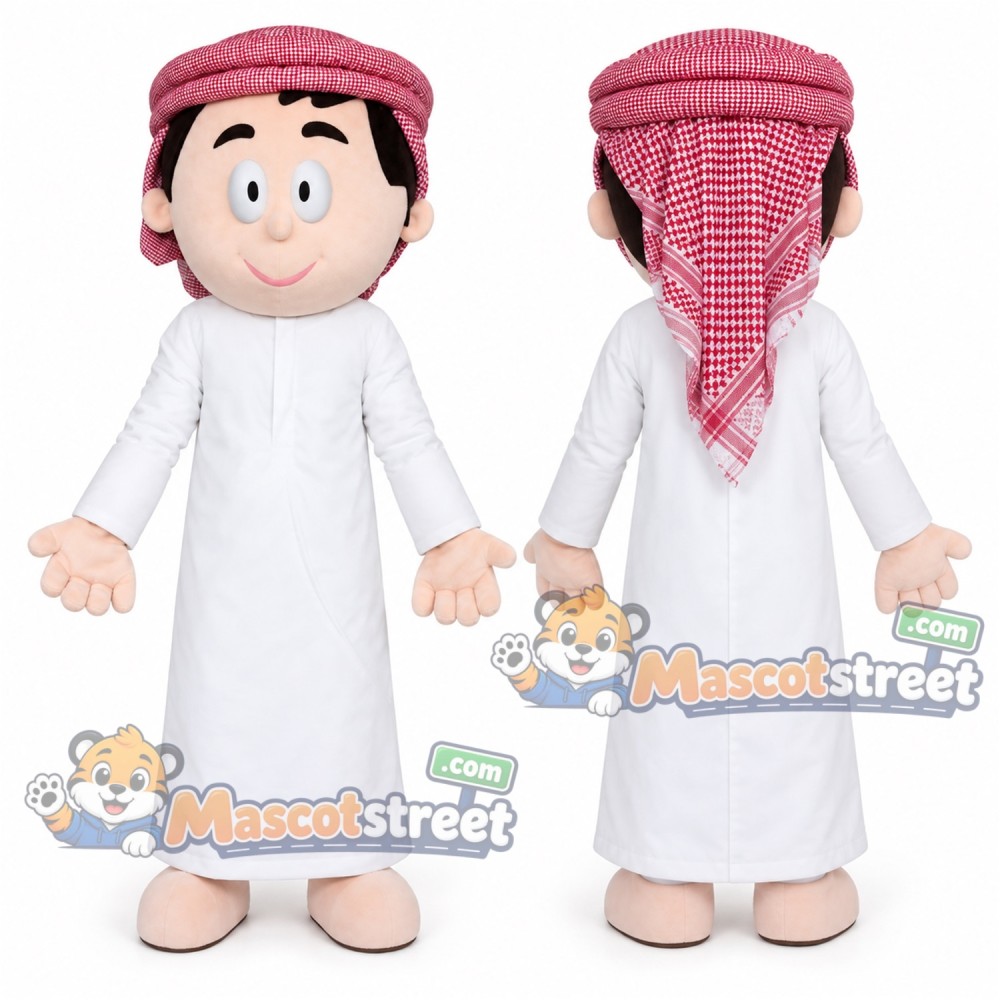 Man Mascot Costume with White Robe and Red Headscarf