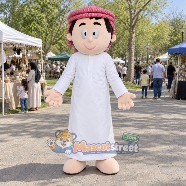 Man Mascot Costume with White Robe and Red Headscarf Man Mascot Costume with White Robe and Red Headscarf
