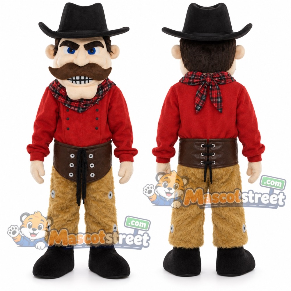 Cowboy Mascot Costume with Red Shirt, Brown Chaps and Black Hat Cowboy Mascot Costume with Red Shirt, Brown Chaps and Black Hat