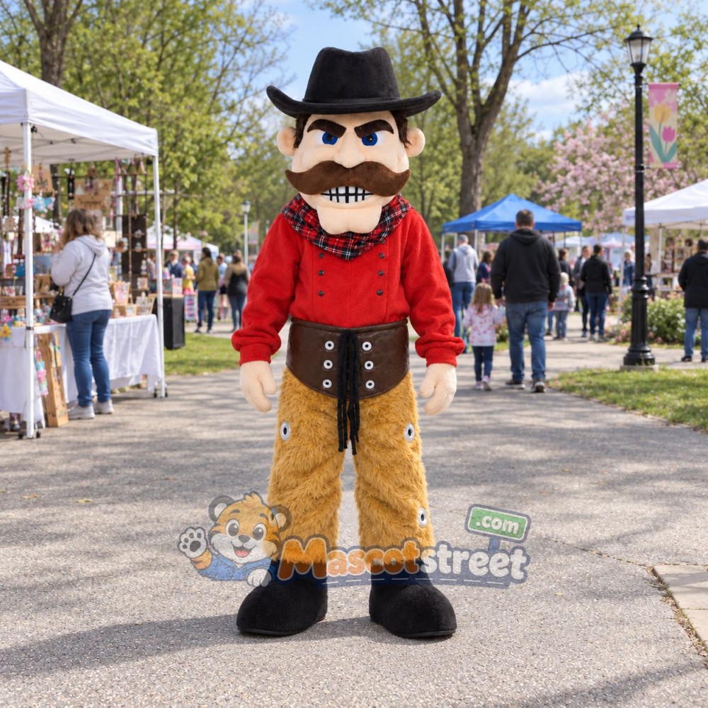 Cowboy Mascot Costume with Red Shirt, Brown Chaps and Black Hat