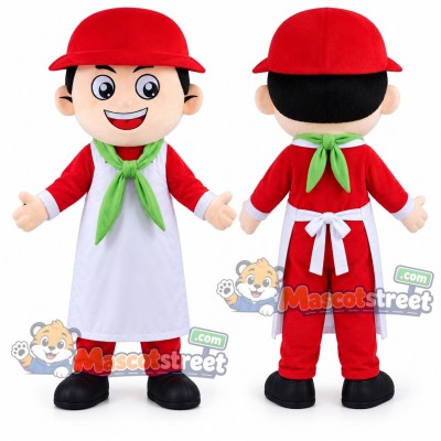 Boy Mascot Costume with Red Outfit, White Apron and Red Hat