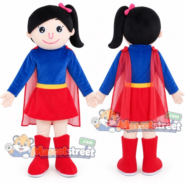Superhero Girl Mascot Costume with Blue Shirt, Red Skirt and Red Cape