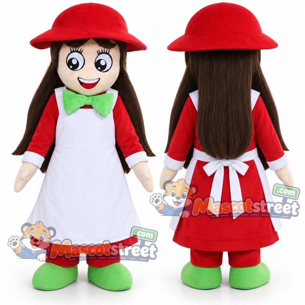 Girl Mascot Costume with Red Dress, White Apron and Red Hat Girl Mascot Costume with Red Dress, White Apron and Red Hat