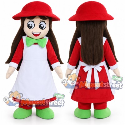 Girl Mascot Costume with Red Dress, White Apron and Red Hat Girl Mascot Costume with Red Dress, White Apron and Red Hat