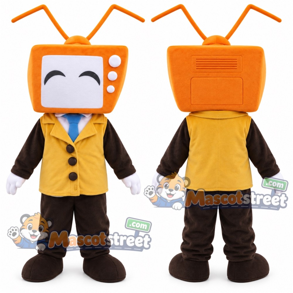 Orange Television Mascot Costume with Yellow Vest and Brown Trousers Orange Television Mascot Costume with Yellow Vest and Brown Trousers