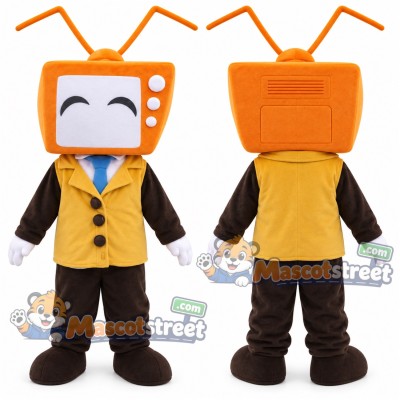 Orange Television Mascot Costume with Yellow Vest and Brown Trousers Orange Television Mascot Costume with Yellow Vest and Brown Trousers