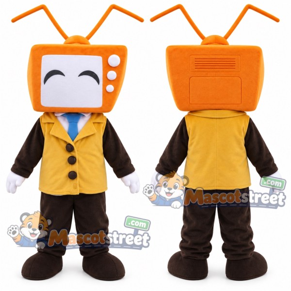Orange Television Mascot Costume with Yellow Vest and Brown Trousers
