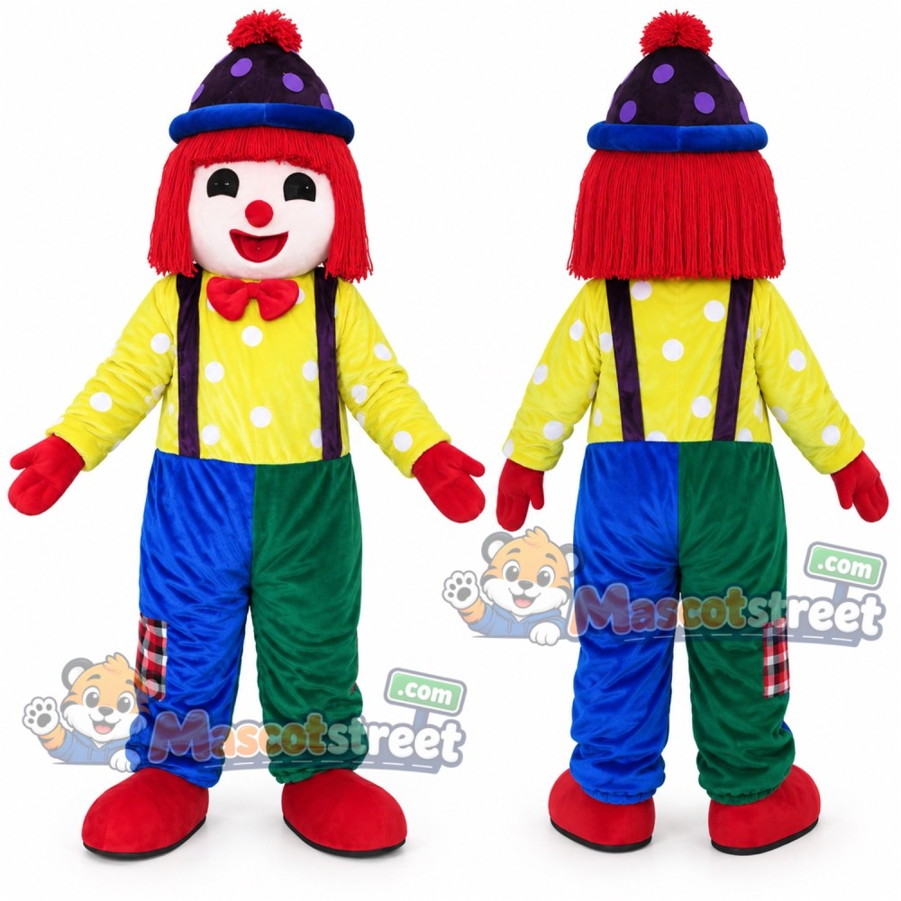 Clown Mascot Costume with Yellow Shirt, Multicolor Trousers and Knit Hat