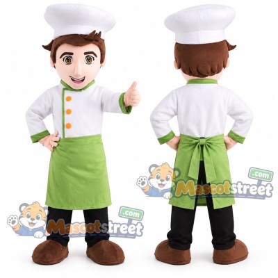Chef Mascot Costume with White Jacket, Green Apron and Chef Hat