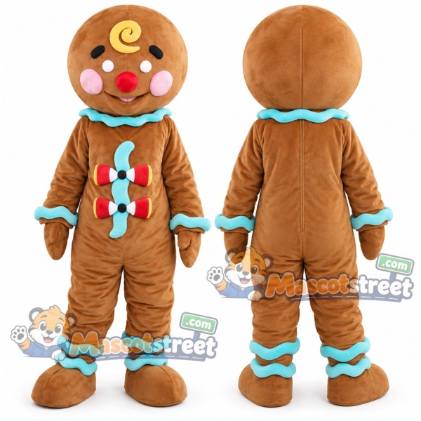 Gingerbread Person Mascot Costume with Blue Scarf