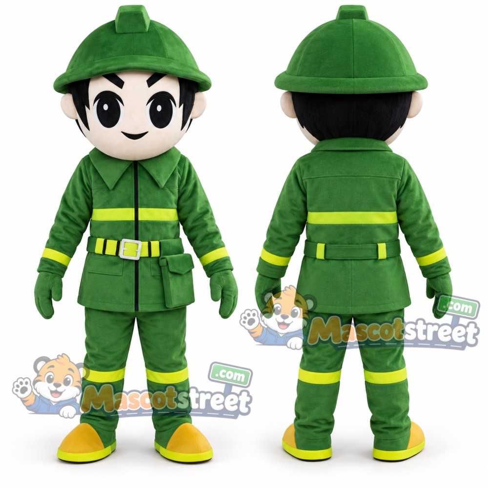 Firefighter Mascot Costume with Green Uniform and Helmet Firefighter Mascot Costume with Green Uniform and Helmet