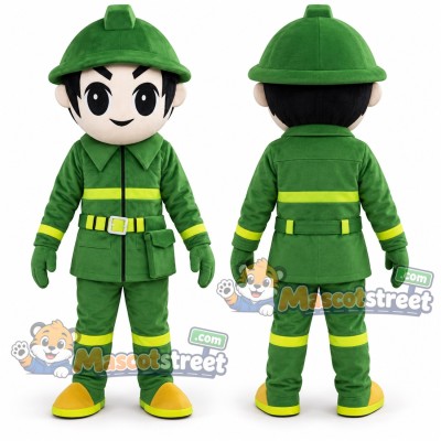 Firefighter Mascot Costume with Green Uniform and Helmet Firefighter Mascot Costume with Green Uniform and Helmet