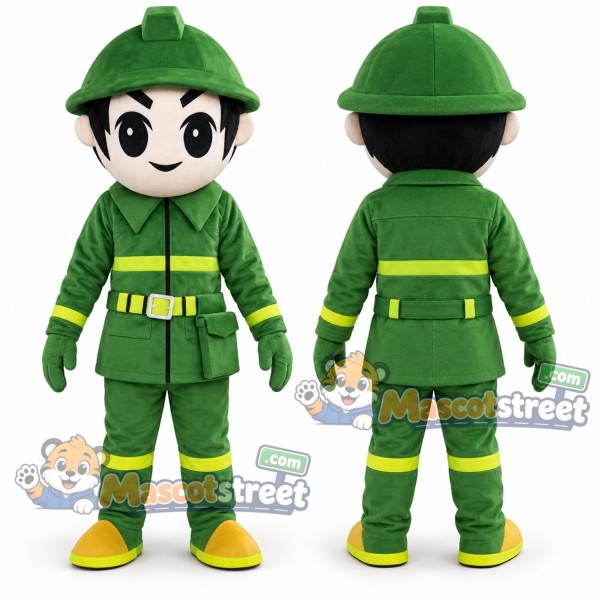 Firefighter Mascot Costume with Green Uniform and Helmet