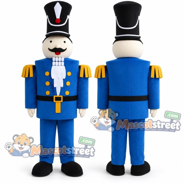 Toy Soldier Mascot Costume with Blue Uniform and Tall Black Hat