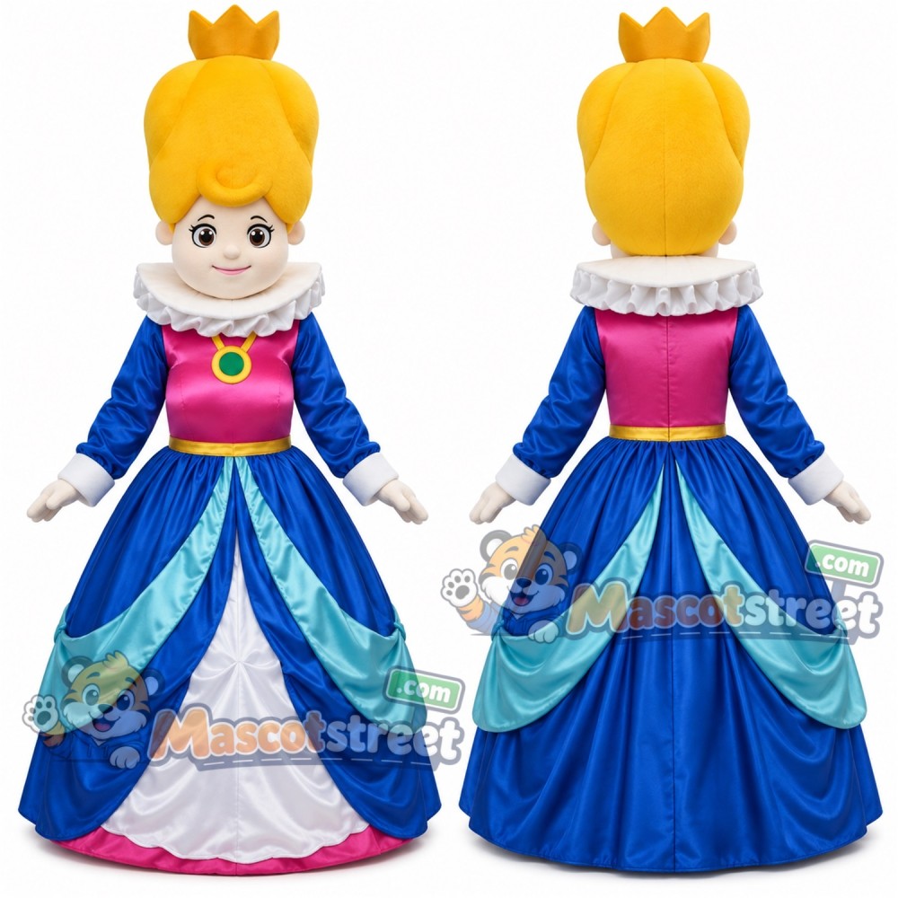 Queen Mascot Costume with Blue Gown and Crown