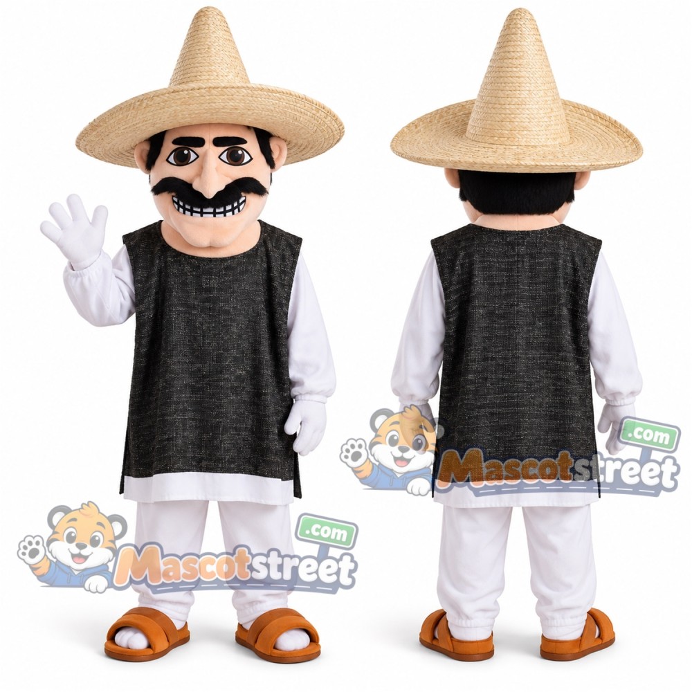 Man Mascot Costume with Black Vest, White Clothes and Straw Hat Man Mascot Costume with Black Vest, White Clothes and Straw Hat