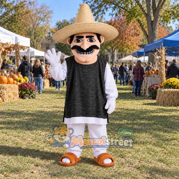 Man Mascot Costume with Black Vest, White Clothes and Straw Hat Man Mascot Costume with Black Vest, White Clothes and Straw Hat