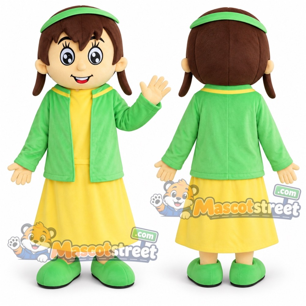 Girl Mascot Costume with Green Cardigan and Yellow Dress