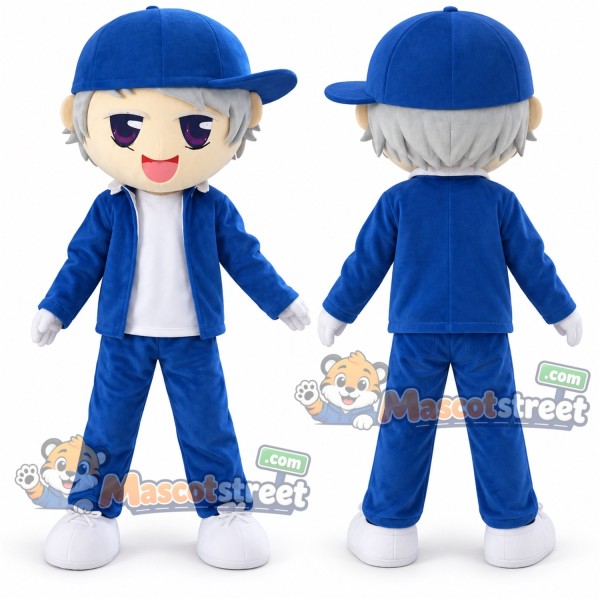 Boy Mascot Costume with Blue Jacket, Blue Trousers and Blue Cap