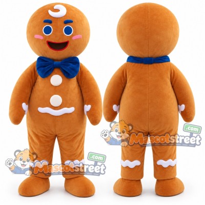 Gingerbread Person Mascot Costume with Blue Bow Tie Gingerbread Person Mascot Costume with Blue Bow Tie
