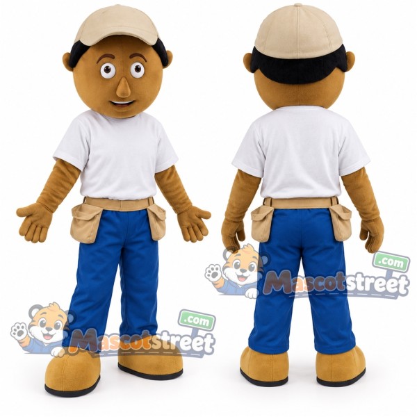 Construction Worker Mascot Costume with White Shirt, Blue Trousers and Tool Belt