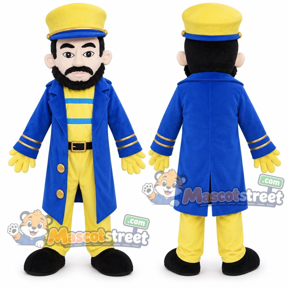 Sea Captain Mascot Costume with Blue Coat, Yellow Trousers and Cap