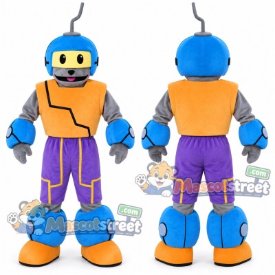 Blue Robot Mascot Costume with Orange Vest and Purple Trousers Blue Robot Mascot Costume with Orange Vest and Purple Trousers