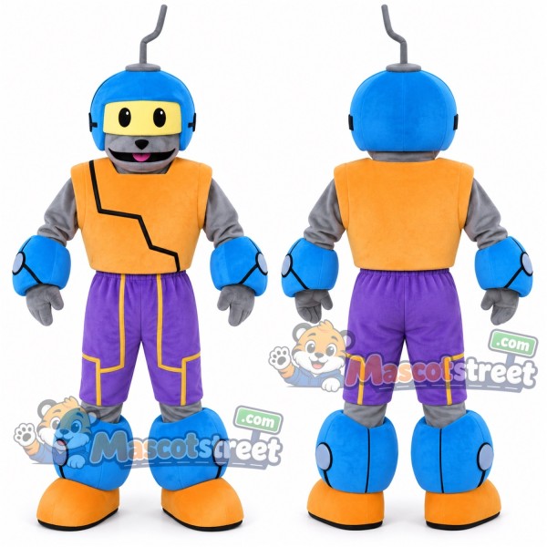 Blue Robot Mascot Costume with Orange Vest and Purple Trousers