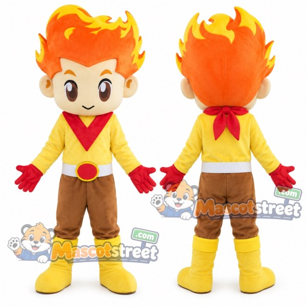 Flame Haired Superhero Mascot Costume with Yellow Shirt, Brown Shorts and Red Cape