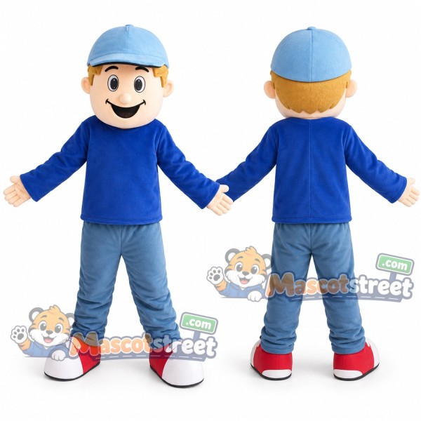 Boy Mascot Costume with Blue Shirt, Jeans and Blue Cap