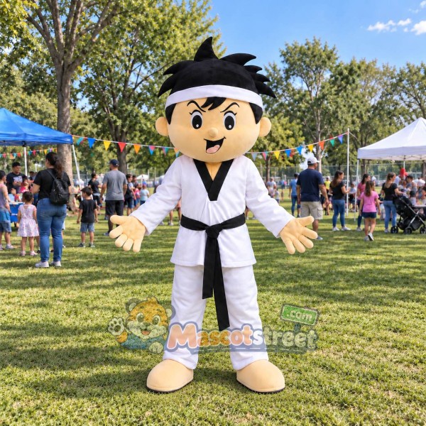 Martial Artist Mascot Costume with White Uniform and Black Belt Martial Artist Mascot Costume with White Uniform and Black Belt