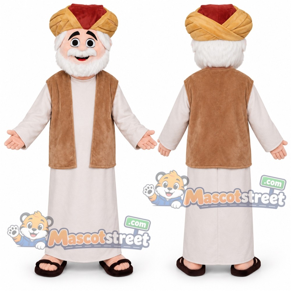 Man Mascot Costume with White Robe, Brown Vest and Tan Turban Man Mascot Costume with White Robe, Brown Vest and Tan Turban