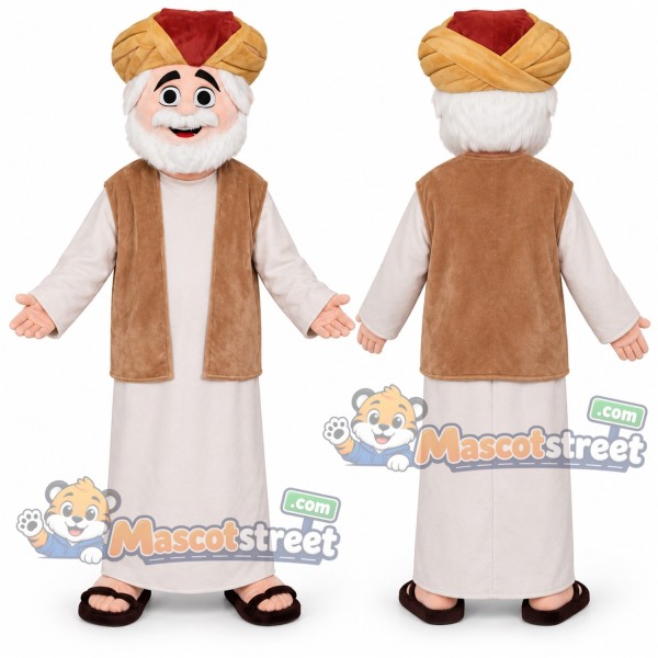 Man Mascot Costume with White Robe, Brown Vest and Tan Turban
