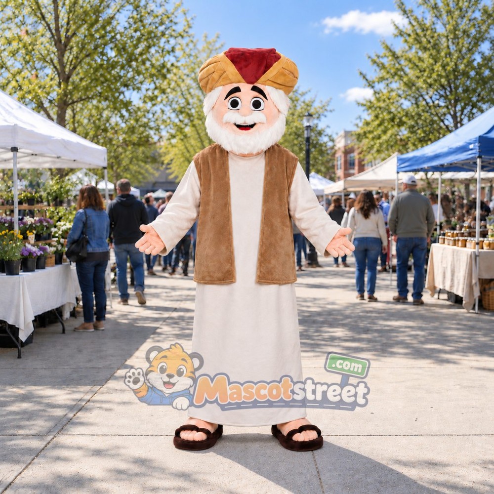 Man Mascot Costume with White Robe, Brown Vest and Tan Turban Man Mascot Costume with White Robe, Brown Vest and Tan Turban