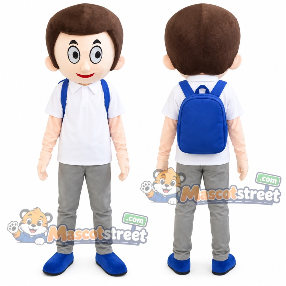 Schoolboy Mascot Costume with White Shirt, Gray Trousers and Blue Backpack Schoolboy Mascot Costume with White Shirt, Gray Trousers and Blue Backpack