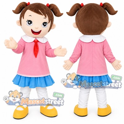 Schoolgirl Mascot Costume with Pink Top and Blue Skirt