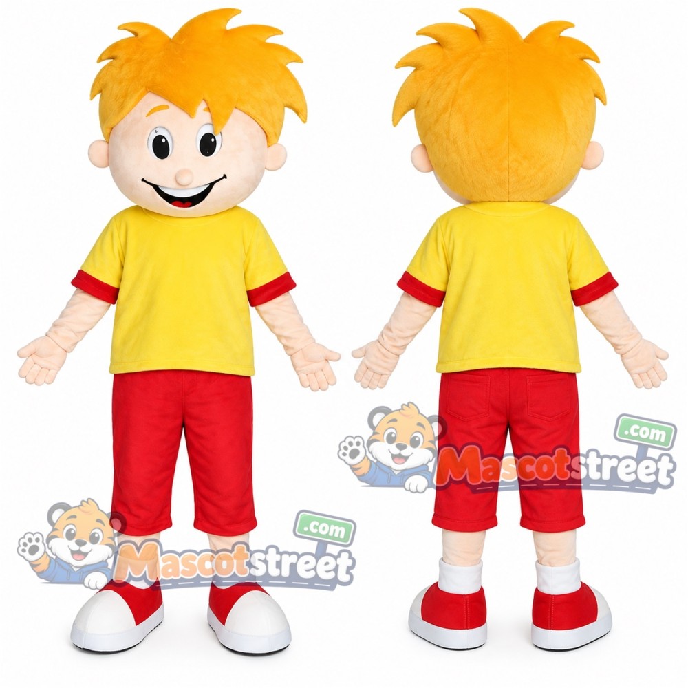 Boy Mascot Costume with Yellow Shirt and Red Shorts