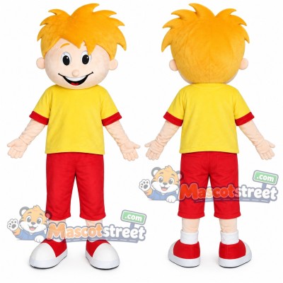 Boy Mascot Costume with Yellow Shirt and Red Shorts
