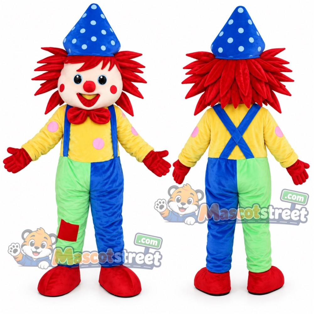 Clown Mascot Costume with Yellow Shirt, Multicolor Trousers and Blue Hat
