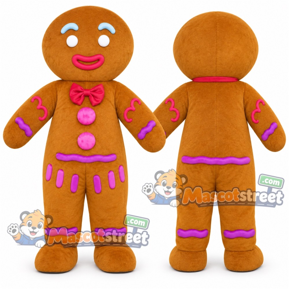Gingerbread Person Mascot Costume with Pink Bow Tie Gingerbread Person Mascot Costume with Pink Bow Tie