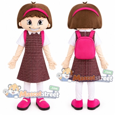 Schoolgirl Mascot Costume with Plaid Dress and Pink Backpack Schoolgirl Mascot Costume with Plaid Dress and Pink Backpack