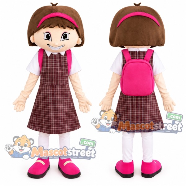 Schoolgirl Mascot Costume with Plaid Dress and Pink Backpack