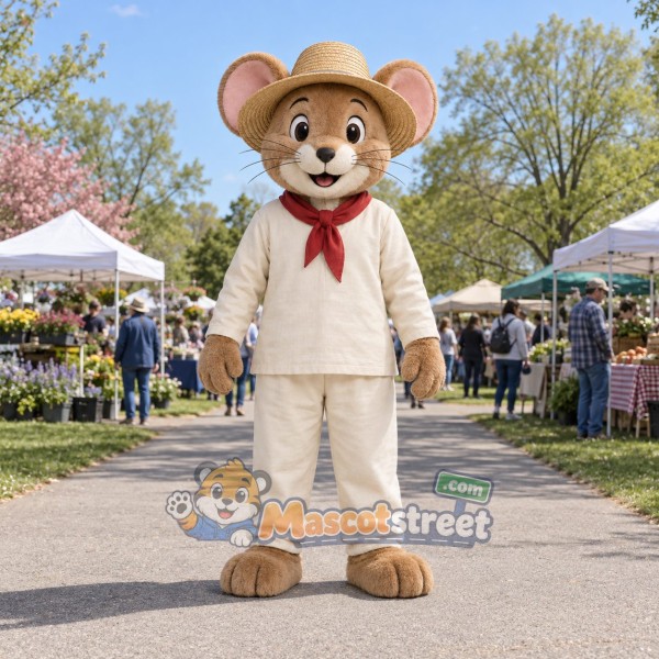 Tan Mouse Mascot Costume with Beige Safari Outfit and Hat