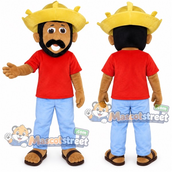 Farmer Mascot Costume with Red Shirt, Blue Trousers and Straw Hat