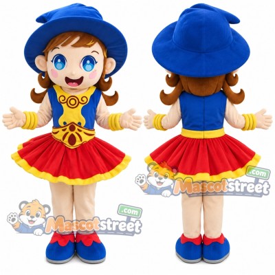 Girl Mascot Costume with Blue and Yellow Top, Red Skirt and Blue Hat Girl Mascot Costume with Blue and Yellow Top, Red Skirt and Blue Hat